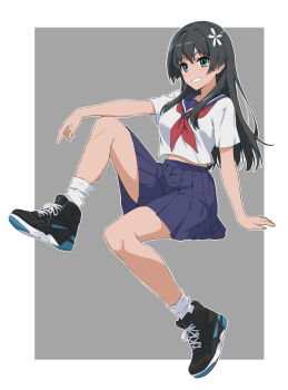 Rule 34 | 1girl, black hair, black shoes, blue eyes, blue sailor collar, blue skirt, commentary, flower, grey background, grin, hair flower, hair ornament, highres, infinite moppy, invisible chair, long hair, looking at viewer, midriff peek, neckerchief, parted lips, pleated skirt, red neckerchief, sailor collar, sakugawa school uniform, saten ruiko, school uniform, serafuku, shirt, shoes, short sleeves, sitting, skirt, smile, sneakers, socks, solo, summer uniform, toaru kagaku no railgun, toaru majutsu no index, white shirt, white socks
