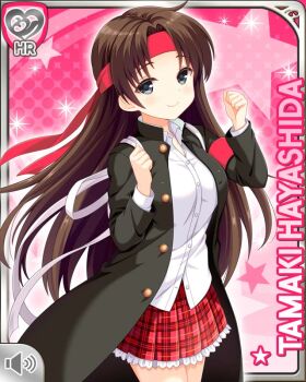 1girl armband black_coat blouse bow brown_hair button character_name clenched_hands closed_mouth coat girlfriend_(kari) grey_eyes hayashida_tamaki headband long_hair looking_at_viewer official_art pink_background plaid_clothes plaid_skirt qp:flapper red_bow red_skirt ribbon school_uniform shirt skirt smile white_shirt