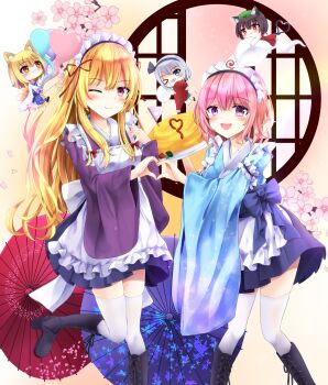 5girls absurdres animal_ears blonde_hair blue_eyes blue_kimono boots chen chibi commentary_request commission food fox_ears fox_girl furomaaju_(fromage) heart heart_hands heart_hands_duo highres holding holding_tray japanese_clothes ketchup kimono kimono_skirt konpaku_youmu leg_up long_hair looking_at_viewer maid maid_headdress medium_hair multiple_girls omelet omurice one_eye_closed pink_hair pixiv_commission purple_eyes purple_skirt round_window saigyouji_yuyuko skirt smile thighhighs touhou tray umbrella wa_maid white_thighhighs wide_sleeves will-o&#039;-the-wisp_(mythology) window yakumo_ran yakumo_yukari