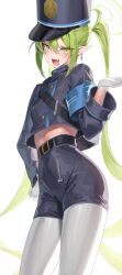 Rule 34 | 1girl, absurdres, armband, belt, black hat, black jacket, black shorts, blue archive, blush, breasts, buttons, cowboy shot, cropped jacket, demon tail, double-breasted, earrings, gloves, green hair, halo, hat, highres, jacket, jewelry, long hair, long sleeves, looking at viewer, midriff, nozomi (blue archive), open mouth, pantyhose, peaked cap, pointy ears, shorts, sidelocks, smile, solo, tail, thighs, twintails, very long hair, white gloves, white pantyhose, yamanokami eaka, yellow eyes