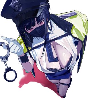 Rule 34 | 1girl, areola slip, black bra, black hair, bra, bra peek, breasts, cleavage, cuffs, d (killer wife) (secret police) (nikke), d (nikke), gloves, goddess of victory: nikke, green jacket, handcuffs, hat, highres, hintobento, jacket, jacket on shoulders, large breasts, long hair, looking at viewer, mask, mouth mask, police, police hat, police uniform, red eyes, shirt, short sleeves, underwear, white gloves, white shirt