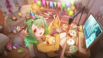 1girl :d absurdres animal_ears aquwa balloon bed bell black_ribbon black_sclera black_skirt brown_coat cable cake camila_(vtuber) can chair coat colored_sclera computer_keyboard cottontail_(vtuber) cow_ears cow_girl cow_horns cowbell crelly cweamcat desk drink_can evil_neuro-sama fingerless_gloves food gloves green_hair grey_sclera hair_ornament happy_birthday heterochromia highres horns indie_virtual_youtuber koko_d._nuts kumi_(vtuber) livestream long_hair messy_hair microphone microwave minecraft minikomew mismatched_sclera monitor neuro-sama nintendo_switch_2 open_mouth pillow poster_(object) red_eyes ribbon shirt shorkie_(megalodon_(vtuber)) sitting skirt smile stuffed_toy tanziya_(donzduck) turtle v vedal987 virtual_youtuber white_shirt