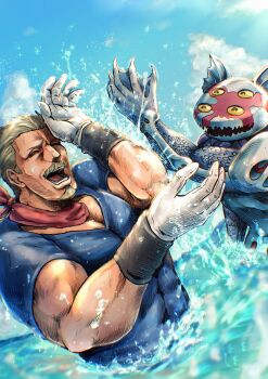 1boy 1other absurdres beard blonde_hair blue_shirt blue_sky bracer captain_tennille closed_eyes cloud colored_sclera commentary dark_blue_moon english_commentary extra_eyes facial_hair gloves hatching_(texture) highres jojo_no_kimyou_na_bouken kaib0y male_focus mature_male muscular muscular_male mustache old old_man open_mouth outdoors partially_submerged pectoral_cleavage pectorals red_neckshief scales shirt short_hair short_sleeves sky smile splashing stand_(jojo) stardust_crusaders teeth upper_body water white_gloves yellow_sclera