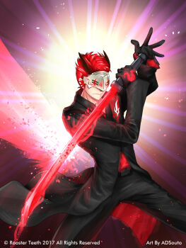 1boy adam_taurus adsouto black_gloves black_jacket black_pants energy frown gloves glowing glowing_sword glowing_weapon highres holding holding_sword holding_weapon horns jacket katana male_focus official_art pants red_eyes red_hair red_shirt rwby shirt spiked_hair sword weapon wilt_and_blush