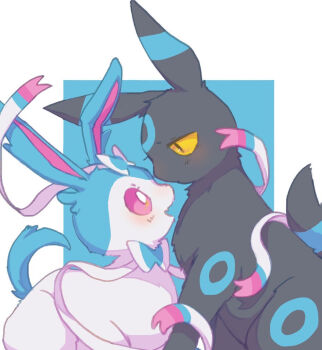 animal_focus bad_id bad_pixiv_id black_eyes blue_background blue_bow blue_bowtie blush border bow bowtie butter_(oshi8kyoumoh) colored_sclera couple ear_bow eye_contact facial_mark fang forehead_mark from_side gen_2_pokemon gen_6_pokemon half-closed_eyes happy jitome looking_at_another looking_down looking_up nintendo no_humans open_mouth outside_border pink_sclera pokemon pokemon_(creature) profile ribbon simple_background sitting skin_fang smile sylveon umbreon white_border white_eyes white_ribbon yellow_sclera