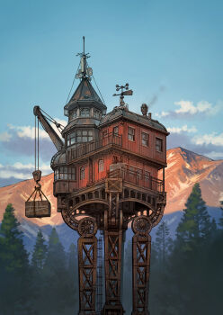 balcony blue_sky box building chimney cloud container crane_(machine) highres hook house ladder mechanical_legs megaphone mountain no_humans original outdoors public_address_system radio_antenna satellite_dish scenery sky smoke smokestack spire tree window yoshida_seiji