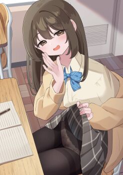 1girl absurdres black_pantyhose blue_ribbon brown_eyes brown_hair classroom clothes_lift collared_shirt commentary_request cross-laced_clothes desk door highres lace lace-trimmed_panties lace_panties lace_trim lifting_own_clothes long_sleeves looking_at_viewer notebook original oriyaminahiu panties panties_under_pantyhose pantyhose pen pleated_skirt ribbon school_desk school_uniform shirt skirt skirt_lift solo thighband_pantyhose underwear yellow_shirt