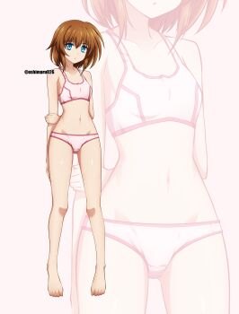 1girl arms_behind_back artist_name bare_shoulders barefoot blue_eyes breasts brown_hair buruma full_body highres hip_bones holding_own_arm looking_at_viewer lyrical_nanoha midriff navel oshimaru026 short_hair small_breasts solo sports_bra stern_the_destructor underwear white_background zoom_layer