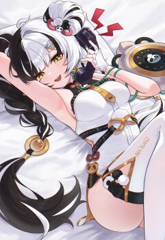 1girl absurdres black_hair braid breasts commentary dialyn_(zenless_zone_zero) dress highres looking_at_viewer medium_breasts multicolored_hair nhom_(woogi) on_bed open_mouth phone smile solo split-color_hair thighhighs twin_braids white_dress white_hair white_thighhighs yellow_eyes zenless_zone_zero