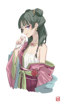 1girl aoqun blue_eyes chinese_clothes double_bun earrings flat_chest green_hair hair_bun hair_ornament hanfu highres holding holding_napkin jewelry kusuriya_no_hitorigoto lips lipstick_mark long_sleeves looking_at_viewer maomao_(kusuriya_no_hitorigoto) medium_hair napkin necklace pink_hanfu pink_skirt profnote simple_background single_bare_shoulder single_off_shoulder skirt solo strapless tongue tongue_out tube_top upper_body white_background white_tube_top wide_sleeves