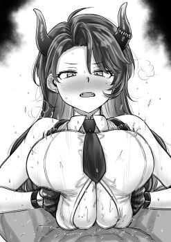 1boy 1girl absurdres blush collared_shirt dola_(8th_costume)_(nijisanji) dola_(nijisanji) gloves greyscale hetero highres horns kaiman_garupan long_hair monochrome necktie nijisanji nose_blush open_mouth paizuri paizuri_under_clothes pov pov_crotch shirt short_necktie sleeveless sleeveless_shirt solo_focus upper_body virtual_youtuber