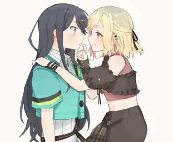 2girls black_hair black_shirt black_skirt blonde_hair blue_eyes blue_jacket ear_piercing eye_contact finger_to_another's_mouth hand_on_another's_shoulder highres hoshino_ichika_(project_sekai) jacket long_hair looking_at_another minna_de_enjoy!_spojoy_park_(project_sekai) multiple_girls off-shoulder_shirt off_shoulder official_alternate_costume pann_(1202zzzx00) parted_lips piercing pink_eyes project_sekai shirt short_hair simple_background skirt smile tenma_saki white_background yuri