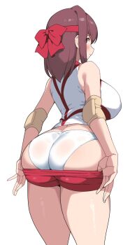1girl ass ass_focus bare_shoulders blush bow breasts brown_hair closed_mouth clothes_pull commentary_request elbow_pads from_behind girls_und_panzer headband highres huge_ass kondou_taeko looking_at_viewer medium_breasts ooarai_volleyball_uniform panties red_bow red_headband red_shorts shiny_skin shirt short_hair short_shorts shorts shorts_pull sideways_glance simple_background solo sportswear thighs underwear volleyball_uniform white_background white_panties white_shirt yabai_gorilla