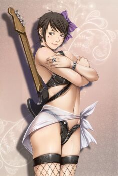 1girl armlet artbook bow breasts fishnet_thighhighs fishnets guitar hair_bow highres instrument jewelry large_breasts leather_bikini lewdness light_smile nishina_eri non-web_source official_art ring sei_shoujo sticker sticker_on_face thighhighs