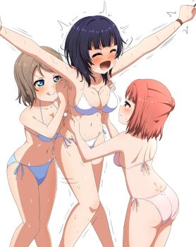 3girls asaka_karin ass bound buson_(buson0629) highres laughing love_live! love_live!_nijigasaki_high_school_idol_club multiple_girls restrained smile swimsuit tagme tickling tickling_armpits uehara_ayumu watanabe_you