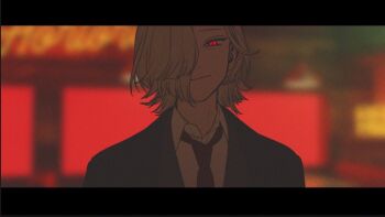 1boy blurry blurry_background collared_shirt copyright_request dress_shirt glowing glowing_eyes hair_over_one_eye head_tilt jacket male_focus medium_hair necktie parted_bangs portrait red_eyes rit3set shirt slit_pupils smile solo wolf_cut