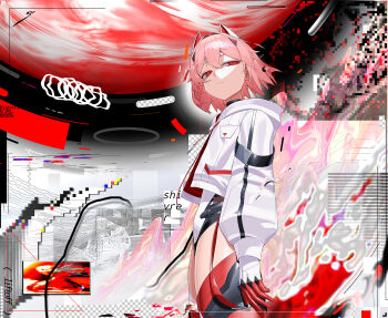 1girl animal_ears commentary commission english_commentary english_text fake_animal_ears hair_intakes highres original pink_hair red_eyes short_hair signal_1120 skeb_commission solo