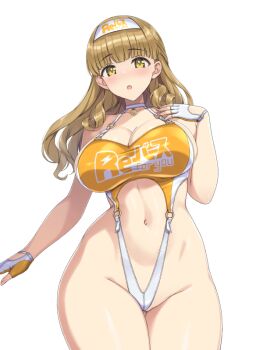 1girl :o ayato_utae bare_arms blunt_bangs blush breasts brown_hair cleavage collarbone commentary_request cowboy_shot dolphin_wave fingerless_gloves gloves highleg hina_(cassissoda) large_breasts long_hair looking_at_viewer navel o-ring open_mouth simple_background solo standing thick_thighs thighs wavy_hair white_background white_gloves wide_hips yellow_eyes