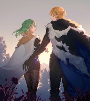 1boy 1girl armored_gloves black_gloves black_shorts blonde_hair brown_pantyhose cape dimitri_alexandre_blaiddyd dimitri_alexandre_blaiddyd_(timeskip) faceless faceless_female faceless_male female_byleth_(awakened)_(fire_emblem) female_byleth_(fire_emblem) female_byleth_(enlightened_one)_(fire_emblem) fire_emblem fire_emblem:_three_houses from_behind fur-trimmed_cape fur_trim gloves grass green_hair highres kyounatsuuu medium_hair nintendo outdoors pantyhose short_hair shorts standing white_cape