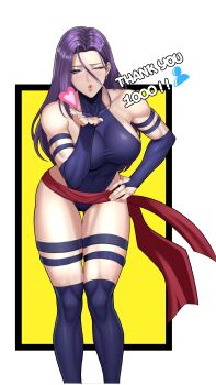1girl absurdres breasts elbow_gloves gloves highleg highleg_leotard highres large_breasts leotard long_hair looking_at_viewer marvel one_eye_closed psylocke purple_eyes purple_hair sash solo superhero_costume thighhighs tsu.toxine x-men