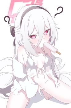 1girl @_@ blue_archive breasts commentary feet food food_in_mouth hairband halo highres implied_masturbation jacket kanimiso30601 kei_(blue_archive) loli long_hair looking_at_viewer no_panties open_clothes open_jacket pink_halo popsicle popsicle_in_mouth red_eyes simple_background sleepwear small_breasts solo spread_legs squatting sweater thighs untranslatable_commentary white_background white_hair