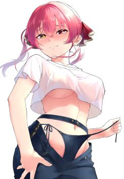 Rule 34 | 1girl, blue panties, blue pants, breasts, character request, check character, check copyright, closed mouth, copyright request, cowboy shot, crop top, crop top overhang, cropped shirt, crotchless, crotchless pants, denim, denim panties, floating hair, groin, hair between eyes, hair ribbon, hashtag-only commentary, heterochromia, hidariude, highres, hololive, houshou marine, jeans, linea alba, long bangs, looking at viewer, looking down, medium hair, navel, no bra, panties, pants, pink eyes, pink hair, raised inner eyebrows, red ribbon, ribbon, see-through silhouette, shirt, short sleeves, side-tie panties, simple background, solo, standing, stomach, sweat, t-shirt, twintails, underboob, underwear, untied panties, virtual youtuber, white background, white shirt, wind, yellow eyes