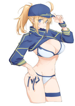 10mo 1girl ahoge artoria_pendragon_(fate) baseball_cap bikini blonde_hair blue_eyes blue_hat blue_shrug blush breasts cleavage fate/grand_order fate_(series) hat highres large_breasts long_hair long_sleeves looking_at_viewer mysterious_heroine_xx_(fate) navel ponytail shrug_(clothing) sidelocks solo swimsuit thighs white_bikini wristband