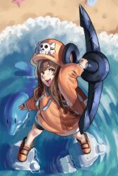 absurdres anchor bike_shorts boots newsboy_cap calilo dolphin guilty_gear guilty_gear_strive hat hat_ornament highres holding holding_anchor hood hoodie jacket may_(guilty_gear) mr._dolphin_(guilty_gear) orange_boots orange_hat orange_hoodie orange_jacket pirate pirate_hat skull_and_crossbones skull_hat_ornament