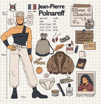 1boy 23011620x bag bandaid black_hair blue_eyes book candy cigarette_pack earrings english_text food french_flag french_text full_body grey_hair highres jean_pierre_polnareff jewelry jojo_no_kimyou_na_bouken long_hair male_focus male_underwear money muscular muscular_male pants paper sherry_polnareff silver_chariot solo speech_bubble stardust_crusaders underwear white_pants