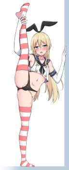 Rule 34 | 1boy, baretto (karasi07), black hairband, black neckerchief, black panties, blonde hair, blue eyes, blue sailor collar, bulge, cosplay, crop top, crossdressing, crossdressing (mtf), elbow gloves, flexible, gloves, hair between eyes, hairband, highleg, highleg panties, highres, horizontal-striped thighhighs, kantai collection, leg lift, leg up, long hair, looking at viewer, male focus, neckerchief, original, panties, panty bulge, penis in panties, sailor collar, shimakaze-kun, shimakaze (kancolle), shimakaze (kancolle) (cosplay), solo, split, standing, standing on one leg, standing split, striped clothes, striped thighhighs, testicle peek, testicles, thighhighs, thong, trap, underwear, very long hair, white gloves