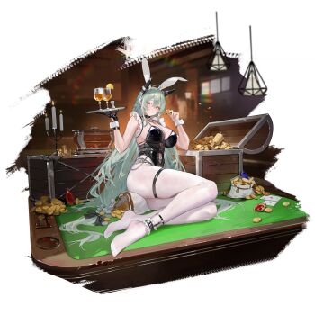 1girl ace_(playing_card) ace_of_diamonds ace_of_spades animal_ears bell bikini bikini_top_only black_bikini black_gloves black_ribbon blue_gemstone breasts candle card coin corset cup diamond_(shape) drinking_glass fake_animal_ears feet food fruit gem girls'_frontline gloves gold gold_coin green_hair hair_between_eyes hair_ribbon headgear highres holding holding_coin holding_tray lemon lemon_slice light_blush looking_at_viewer ltlx_7000_(girls'_frontline) ltlx_7000_(macallan_intoxication)_(girls'_frontline) mole mole_on_breast money neck_bell no_shoes nontraditional_playboy_bunny official_alternate_costume official_art on_table pantyhose playing_card pool_table rabbit_ears red_eyes red_gemstone revision ribbon sack silver_coin sitting solo spade_(shape) swimsuit table thigh_strap third-party_source toes transparent_background tray treasure_chest tucked_money white_pantyhose white_wrist_cuffs wrist_cuffs yokozuwari yoyo_(550098)