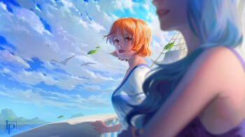 2girls absurdres animal artist_name bare_shoulders bird blue_hair cloud cloudy_sky commentary day english_commentary highres leaf lips lipstick lolperson long_hair looking_at_another makeup multiple_girls nami_(one_piece) nefertari_vivi ocean one_piece orange_eyes orange_hair outdoors red_lips seagull shirt short_hair short_sleeves signature sky sleeveless smile water