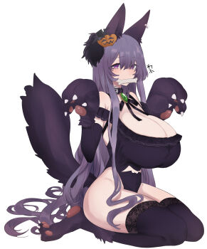 1girl absurdres animal_ear_fluff animal_ear_piercing animal_ears animal_hands armpit_crease bare_shoulders black_choker black_gloves black_leotard black_ribbon black_thighhighs bone bone_in_mouth breasts brooch choker commentary_request curvy elbow_gloves eurasia_(wtp09ptw14) fake_animal_ears fake_tail francoise_(eurasia) full_body gem gloves green_gemstone hair_ornament hair_over_one_eye hands_up highres huge_breasts jewelry leotard long_hair looking_at_viewer mouth_hold original parted_bangs paw_gloves paw_shoes purple_eyes purple_hair ribbon simple_background sitting solo tail thighhighs thighs translation_request very_long_hair wariza white_background wolf_ears wolf_tail