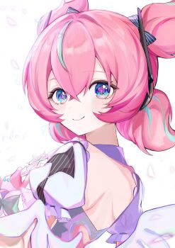 1girl absurdres aqua_hair aqua_streaks aria_(zenless_zone_zero) blue_eyes blush bow bridal_gauntlets chiiiiii1129 closed_mouth clothing_cutout commentary_request crossed_bangs detached_sleeves fingerless_gloves frilled_sleeves frills from_behind gloves hair_between_eyes hair_bow heart_cutout highres holding holding_microphone looking_at_viewer looking_back microphone multicolored_hair pink_gloves pink_hair shoulder_blades smile solo streaked_hair upper_body white_background white_bridal_gauntlets white_wings wings zenless_zone_zero