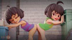 2girls 3d alley animated ass ass-to-ass bent_over bottomless brown_eyes brown_hair chara_(undertale) closed_eyes dildo double_dildo feet_out_of_frame female_focus female_frisk_(undertale) frisk_(undertale) from_side green_shirt highres kitrosun leaning_forward lips loli looking_back looping_animation masturbation multiple_girls mutual_masturbation outdoors purple_shirt sex_toy shared_object_insertion shirt short_hair sleeveless sleeveless_shirt smile sound standing striped_clothes striped_shirt teeth thighs tongue tongue_out uncensored undertale utdr_(toby_fox) video