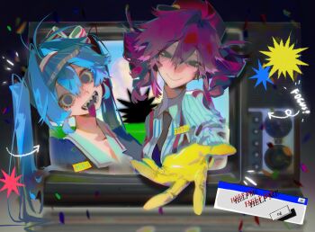 2girls black_eyes black_necktie bliss_(image) blue_dress blue_hair bow closed_mouth commentary crt dress drill_hair english_commentary error_message gloves hair_bow half-closed_eyes hatsune_miku head_tilt help highres kasane_teto long_hair looking_at_viewer mesmerizer_(vocaloid) microsoft_windows mr.cockroach multiple_girls necktie open_mouth pink_hair reaching reaching_towards_viewer sharp_teeth smile striped_bow teeth through_medium through_screen twin_drills twintails utau very_long_hair visor_cap vocaloid window_(computing) windows_95 windows_classic windows_xp yellow_gloves