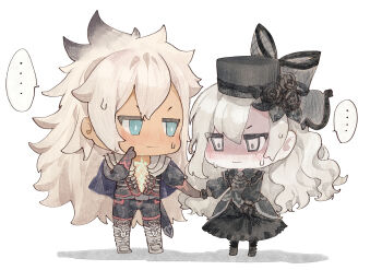 ... blue_eyes blush chibi dark-skinned_male dark_skin fate/apocrypha fate/grand_order fate_(series) gothic_lolita hat highres holding_hands husband_and_wife kriemhild_(fate) kriemhild_(first_ascension)_(fate) lolita_fashion long_hair pale_skin sad_adrian siegfried_(fate) smile speech_bubble sweatdrop wavy_hair wavy_mouth white_hair