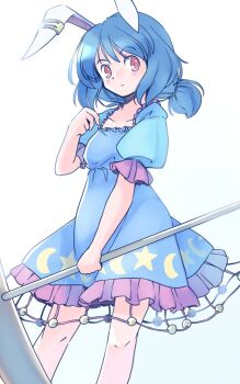 1girl animal_ears blue_dress blue_hair collarbone commentary_request dress expressionless feet_out_of_frame frilled_dress frills holding holding_mallet kine knees light_blush mallet medium_hair one-hour_drawing_challenge puffy_short_sleeves puffy_sleeves rabbit_ears rabbit_girl rangycrow red_eyes seiran_(touhou) short_sleeves sideways_glance solo touhou twintails white_background