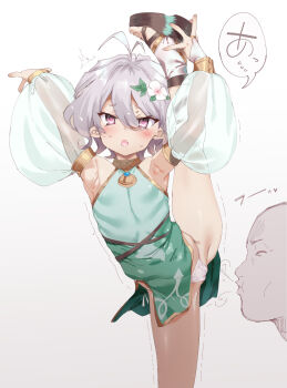 1boy 1girl antenna_hair arm_up blowing blush bridal_gauntlets dress elf embarrassed flower green_dress green_sleeves grey_hair hair_between_eyes hair_flower hair_ornament highres holding karochii kokkoro_(princess_connect!) leg_lift leg_up legs loli long_sleeves looking_at_viewer open_mouth panties pointy_ears princess_connect! puffy_long_sleeves puffy_sleeves see-through_clothes see-through_sleeves short_hair sleeveless sleeveless_dress solo_focus split standing standing_on_one_leg standing_split thighs underwear white_flower white_panties