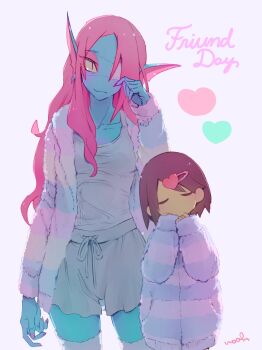 1girl 1other age_difference alternate_costume alternate_hairstyle androgynous blue_skin blush brown_hair closed_eyes collarbone colored_sclera colored_skin commentary_request eyepatch fingernails fins fish_girl fur_jacket grey_shorts hair_down hair_ornament hairclip hand_on_own_face hand_up hands_up head_fins heart heart_hair_ornament heart_hairclip height_difference highres jacket long_fingernails long_hair medical_eyepatch nail_polish no_mouth noah_(tettsui-sole) pink_nails red_hair short_hair shorts sleeves_past_wrists smile striped_clothes striped_jacket tank_top thighhighs undertale undyne utdr_(toby_fox) white_thighhighs yellow_sclera yellow_skin