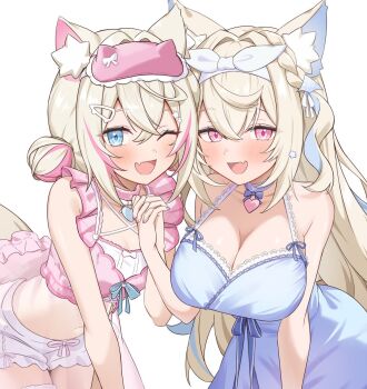 2girls animal_collar animal_ear_fluff animal_ears bare_shoulders blonde_hair blue_bow blue_collar blue_eyes blue_nails blue_nightgown blue_ribbon blue_streaks blush bow breasts chahanramen cleavage collar commentary cowboy_shot criss-cross_straps cropped_shirt crossed_bangs dog_ears dog_girl dog_tail double_bun fang fuwawa_abyssgard hair_between_eyes hair_bun hair_intakes hair_ornament hairband hairclip heart highres holding_hands hololive hololive_english large_breasts long_hair looking_at_viewer medium_hair mococo_abyssgard multicolored_hair multiple_girls nightgown one_eye_closed open_mouth pink_collar pink_eyes pink_nails pink_shirt pink_streaks ribbon shirt shorts siblings simple_background sisters skin_fang sleep_mask small_breasts streaked_hair tail twins virtual_youtuber white_background white_hairband white_shorts