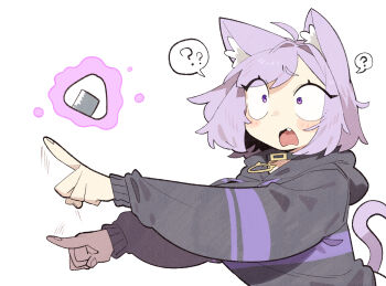 Rule 34 | 1girl, ?, ahoge, animal ear fluff, animal ears, black hoodie, cat ears, cat girl, cat tail, cocomayo29 (tomato), collar, commentary request, cropped hoodie, fang, food, highres, hololive, hood, hoodie, index finger raised, korean commentary, medium hair, nekomata okayu, nekomata okayu (1st costume), onigiri, open mouth, outstretched arm, pointing, purple eyes, purple hair, purple hoodie, purple tail, sanpaku, simple background, solo, speech bubble, spoken question mark, surprised, tail, telekinesis, two-tone hoodie, upper body, virtual youtuber, white background, wide-eyed