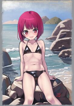 1girl :d absurdres arima_kana bikini black_bikini blunt_ends bob_cut cameltoe collarbone elementary_(lolipope) feet_out_of_frame flat_chest highres inverted_bob loli looking_at_viewer navel ocean on_rock open_mouth oshi_no_ko outdoors purple_eyes purple_hair shore short_hair sitting smile solo swimsuit