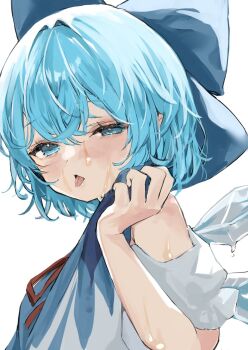 1girl blue_bow blue_dress blue_eyes blue_hair bow cirno commentary_request dress fairy_wings hair_bow half-closed_eyes highres hot ice ice_wings looking_at_viewer mikan_(manmarumikan) open_mouth ribbon shirt_tug short_hair simple_background solo sweat tongue tongue_out touhou upper_body white_background wings wiping_face wiping_sweat wiping_with_clothes