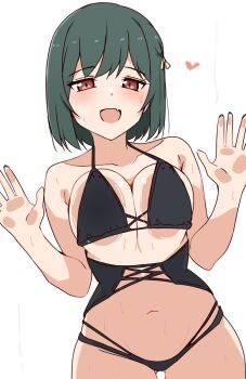 1girl bikini black_bikini blush breast_press breasts commentary_request cowboy_shot fang gluteal_fold green_hair haruno_riku heart highres large_breasts looking_at_viewer love_live! love_live!_nijigasaki_high_school_idol_club mifune_shioriko navel open_mouth red_eyes short_hair simple_background skin_fang solo standing swimsuit white_background