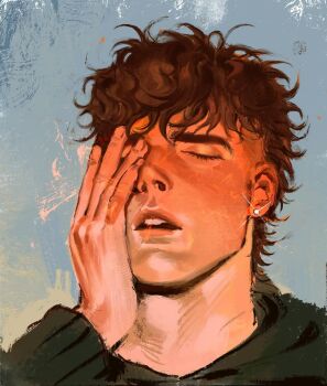 1boy blue_background brown_hair closed_eyes commentary earrings english_commentary eyelashes green_hoodie hand_on_own_face highres hood hoodie jewelry kunnuscumnus male_focus messy_hair mullet nose one_eye_covered open_mouth original portrait rowan_(kunnuscumnus) stud_earrings tan teeth thick_eyebrows undercut unfinished upper_teeth_only wavy_hair