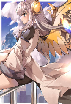 Rule 34 | 1girl, absurdres, blue eyes, breasts, commentary, dragon girl, dragon horns, dragon wings, hair between eyes, highres, horns, ideal (p&amp;d), long hair, pointy ears, profile, puzzle &amp; dragons, sitting on fence, solo, white hair, wings, yogukasu