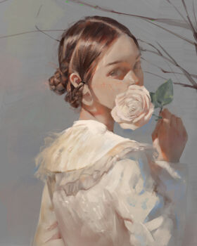 1girl arm_at_side art_study braid brown_hair commentary english_commentary flower forehead from_behind grey_background grey_eyes hand_up highres holding holding_flower long_sleeves looking_at_viewer looking_back original pluvium_grandis realistic rose shirt short_hair solo white_flower white_rose white_shirt