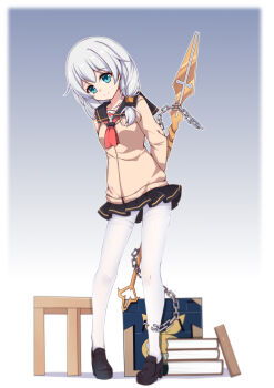 1girl absurdres black_neckerchief black_skirt blue_eyes book brown_sweater closed_mouth full_body grey_background highres holding holding_behind_back holding_polearm holding_polearm_behind_back holding_weapon holding_weapon_behind_back homu_(honkai_impact) honkai_(series) honkai_impact_3rd long_hair long_sleeves looking_at_viewer loot_box neckerchief necktie pantyhose polearm qingye_ling red_necktie school_uniform short_necktie skirt smile solo split_mouth standing sweater tareme theresa_apocalypse weapon white_hair white_pantyhose
