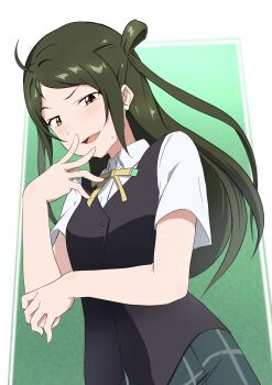 1girl absurdres ahoge alternate_hairstyle blush evil_smile fang hand_on_own_elbow hand_on_own_face highres long_hair looking_at_viewer love_live! love_live!_nijigasaki_high_school_idol_club mifune_shioriko nijigasaki_school_uniform red_eyes role_reversal school_uniform smile sweatdrop twintails zasshoku_ojisan zhong_lanzhu